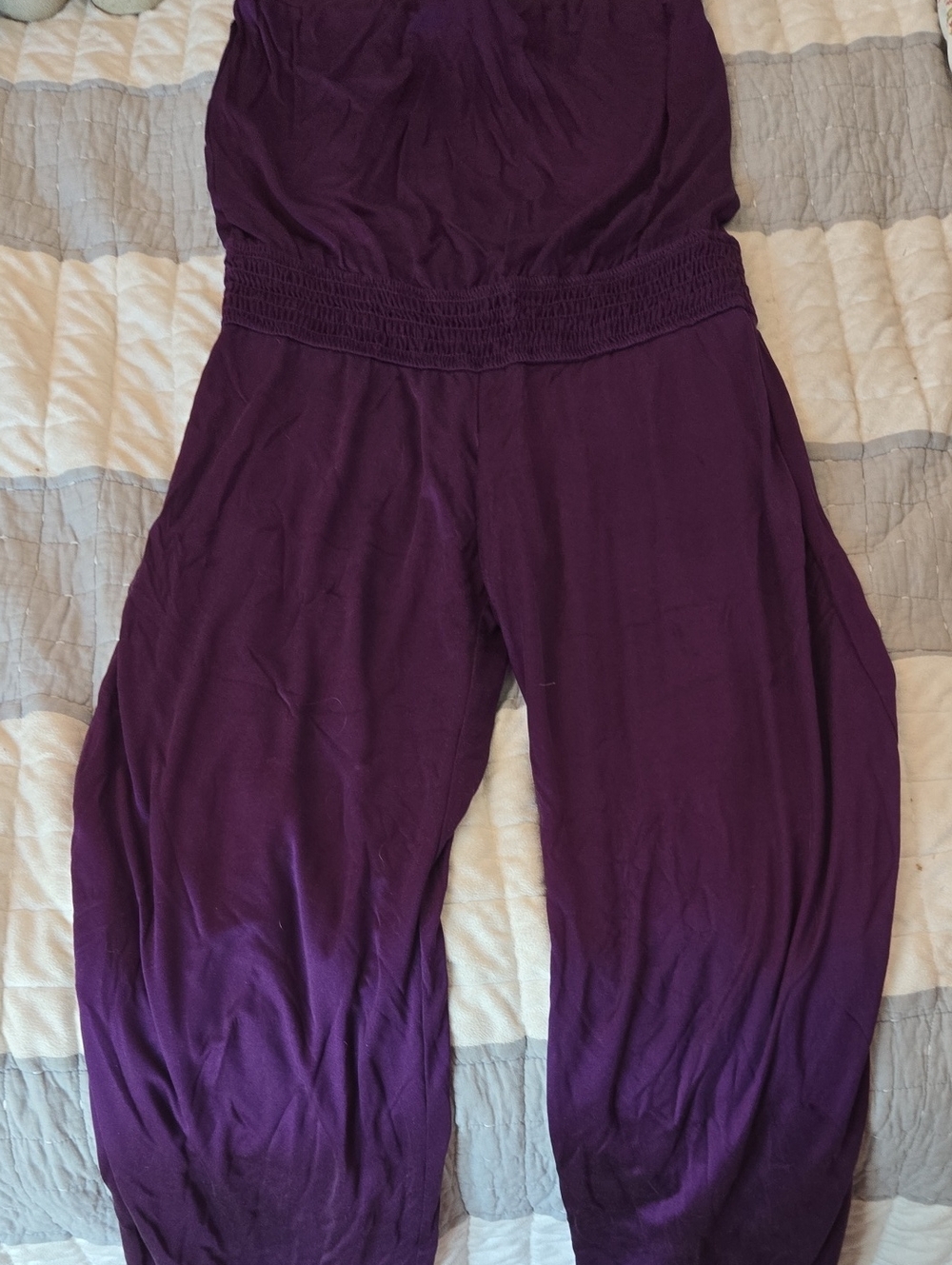 Strapless Smocked-Waist Purple Silk Jersey Jumpsuit